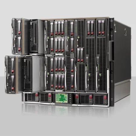 HPE blade server chassis full with blade fan and storage modules